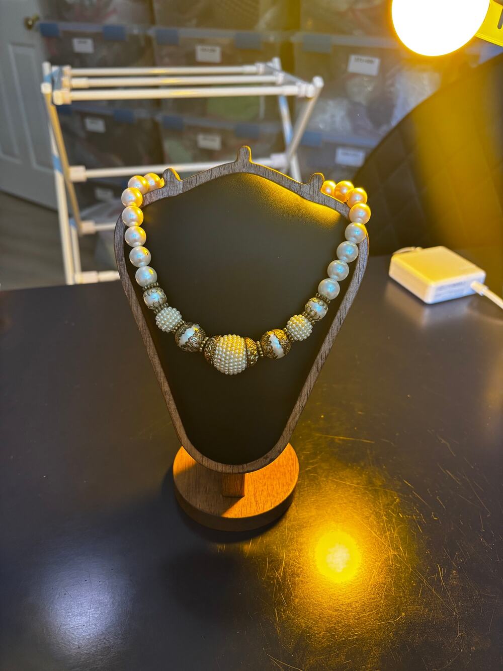 1928 Jewelry Vintage 1980s Faux Pearl and Gold Filigree Necklace